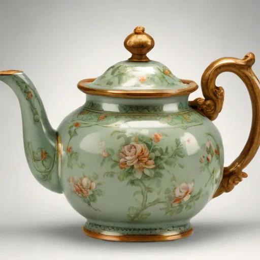 Actual generation from 'A teapot': pale green floral teapot with gold trim